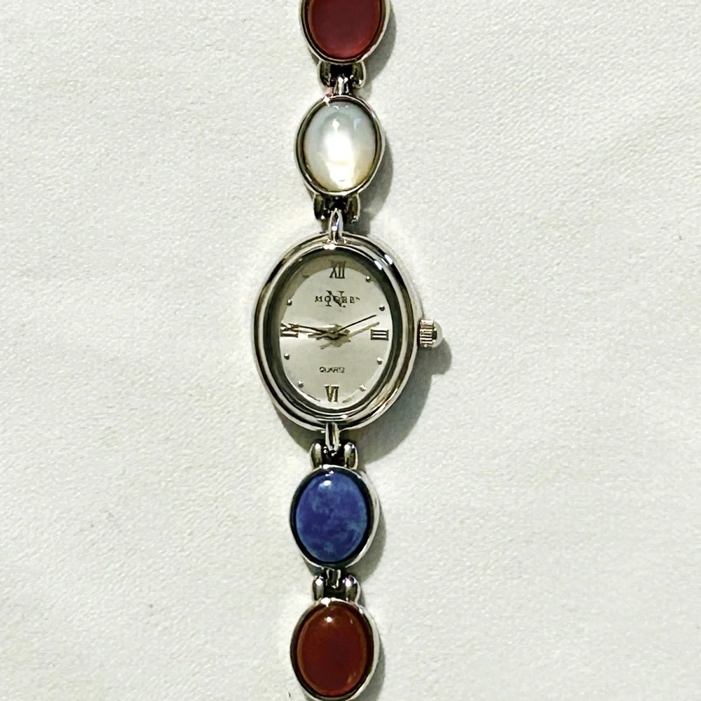 Women's N Moore Silver-toned Watch w/Lapis Lazuli, Mother of Pearl and Car…